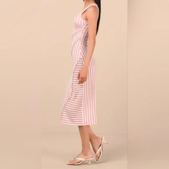 Lulus Constantly Trendy Blush Striped Crinkle Bodycon Midi Dress, Size Large - Picture 3 of 10